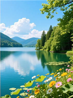 夏季蓝色湖泊风光摄影图片